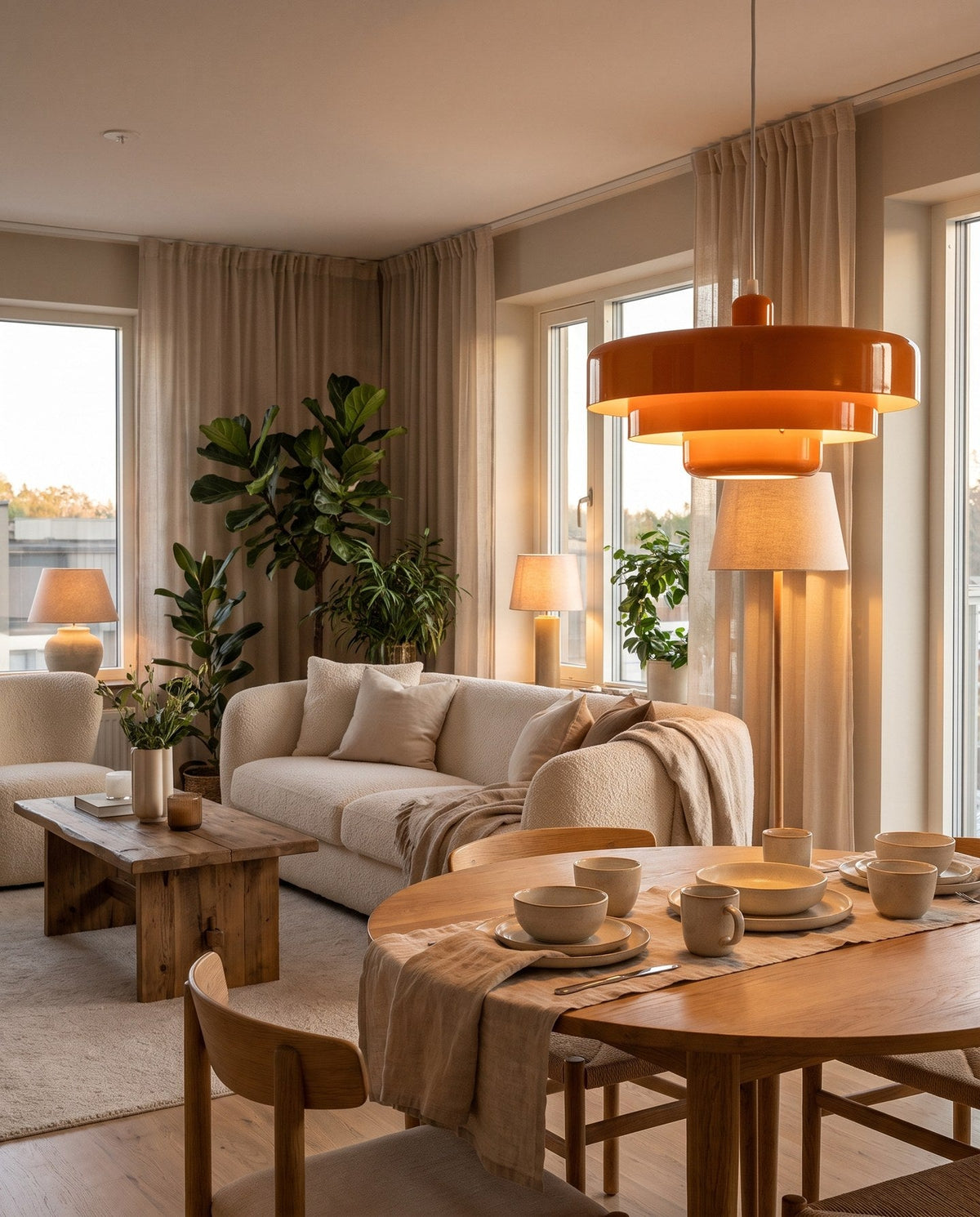 Warm living and dining room lit by a glossy orange pendant light
