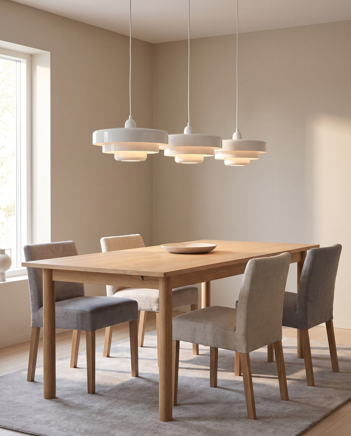 Three white layered pendant lights above an oak dining table