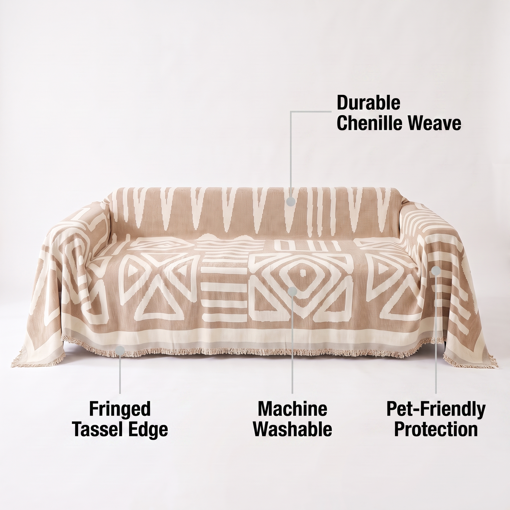 Boho Geometric Sofa Cover | Fringed Chenille Throw, 70-165in