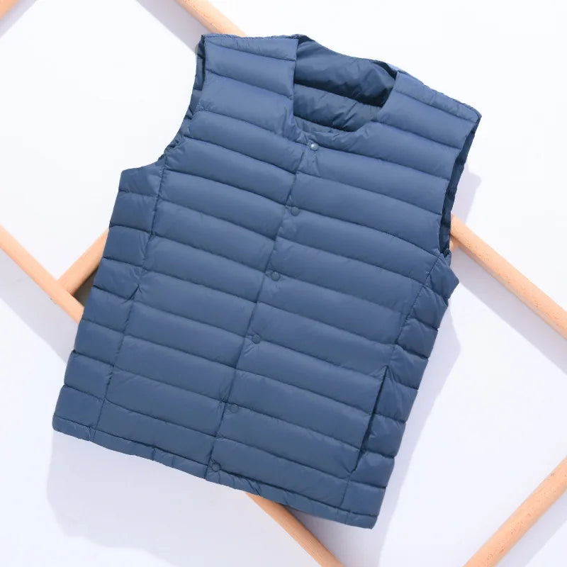Close-up of the convenient side pockets on the lightweight down vest.