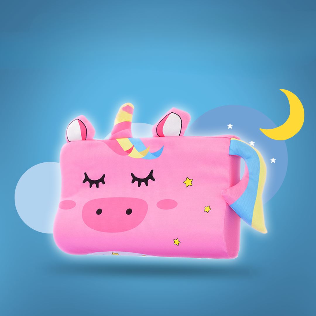 Kids' pillow shaped like an animal with ears, tail and face on a bed