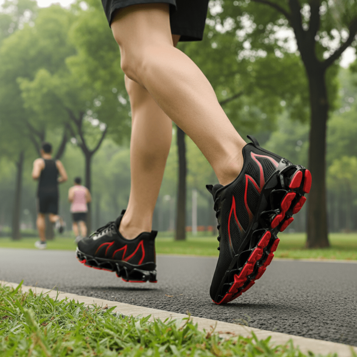 Pair of arch support running shoes on a forest trail