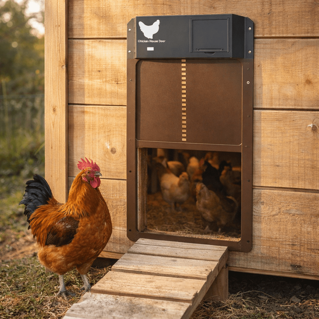Chickens walking out of the coop through the open automatic door