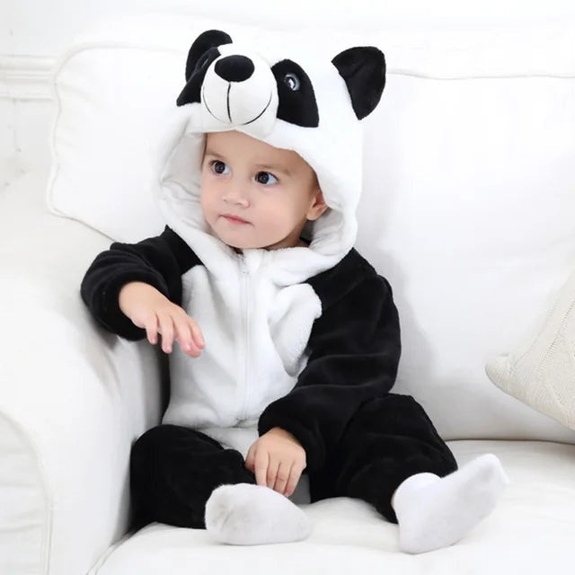 Animal hood rompers shown in several designs