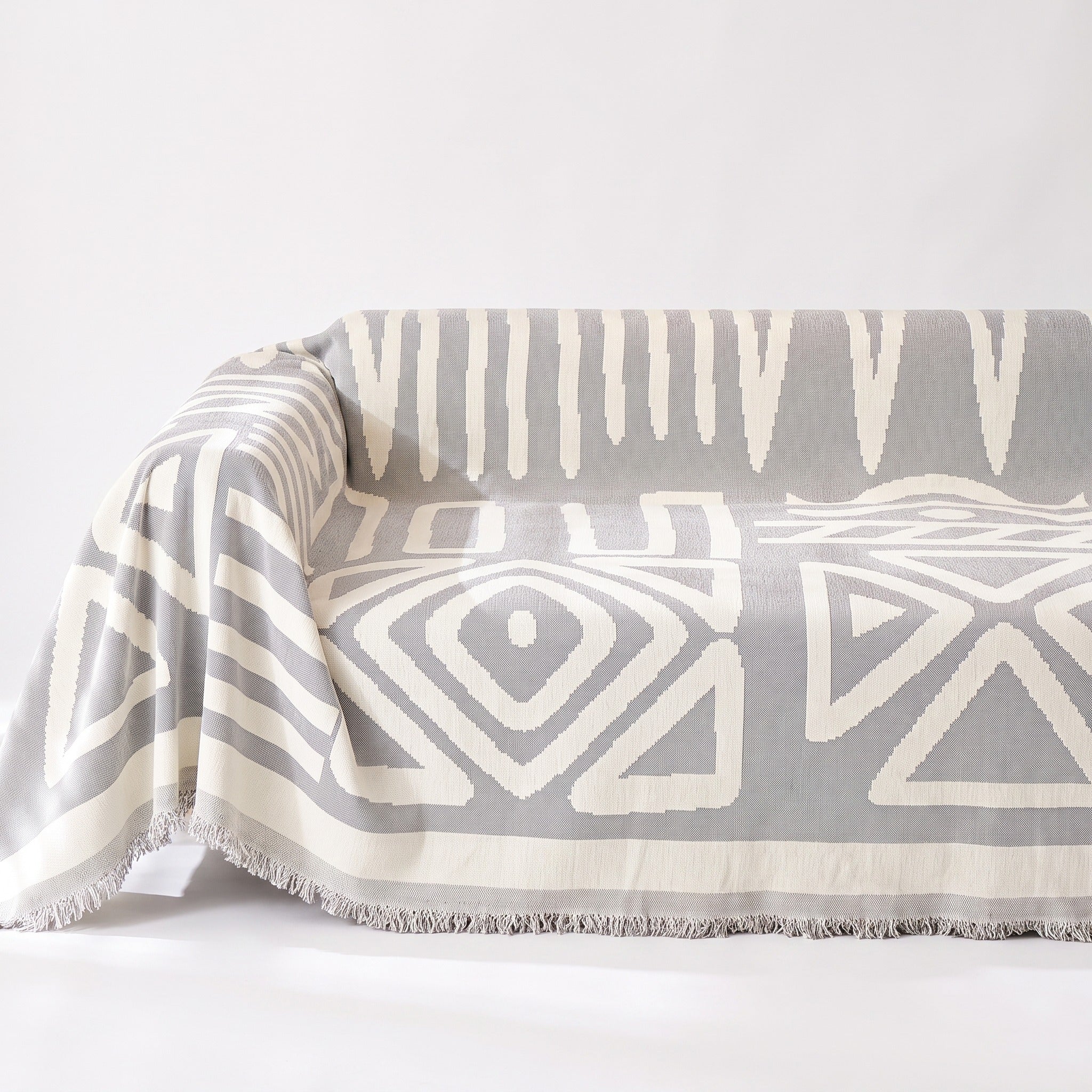 Boho Geometric Sofa Cover | Fringed Chenille Throw, 70-165in
