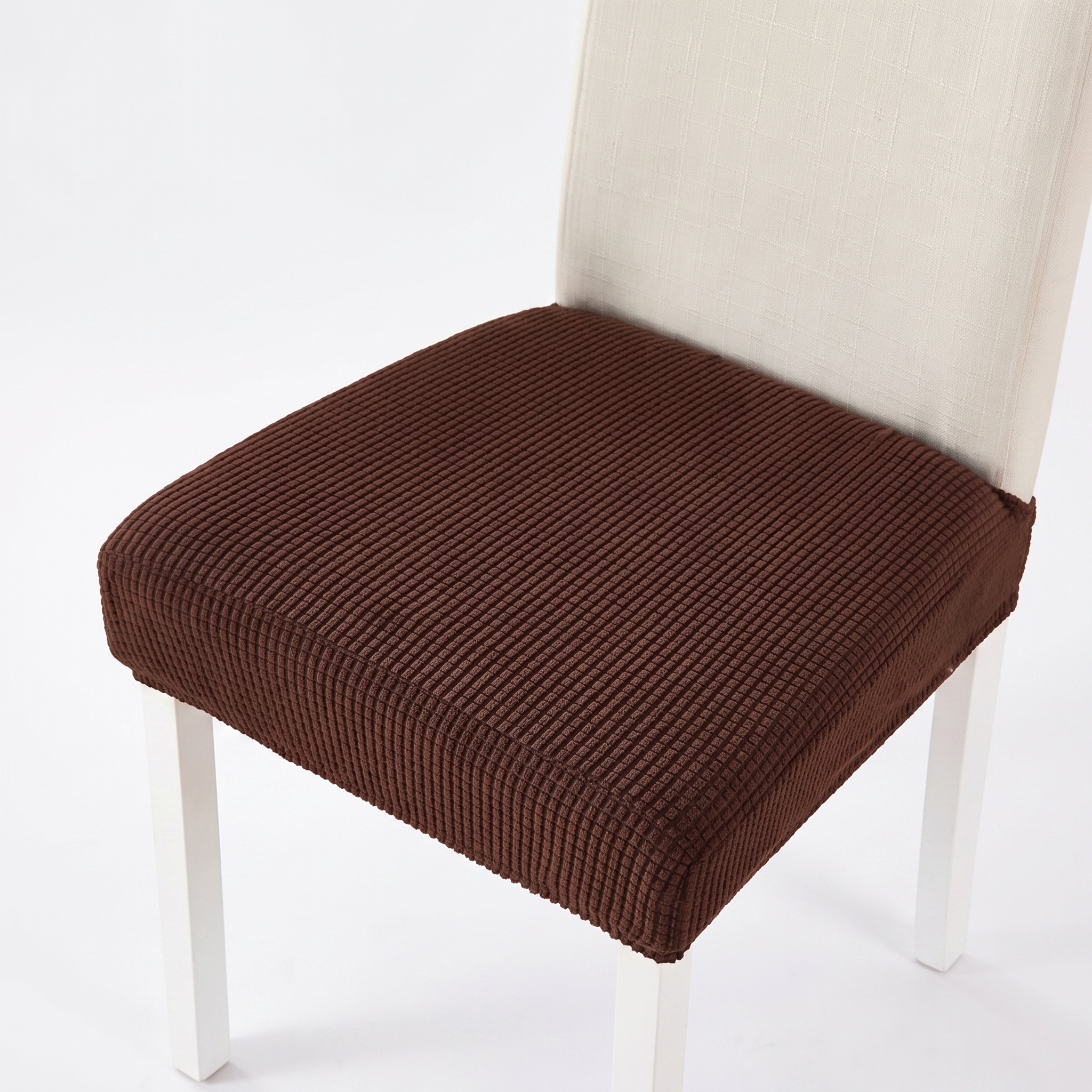 Coffee Brown Chair Seat Cover - stretch fit on dining chair, white studio background
