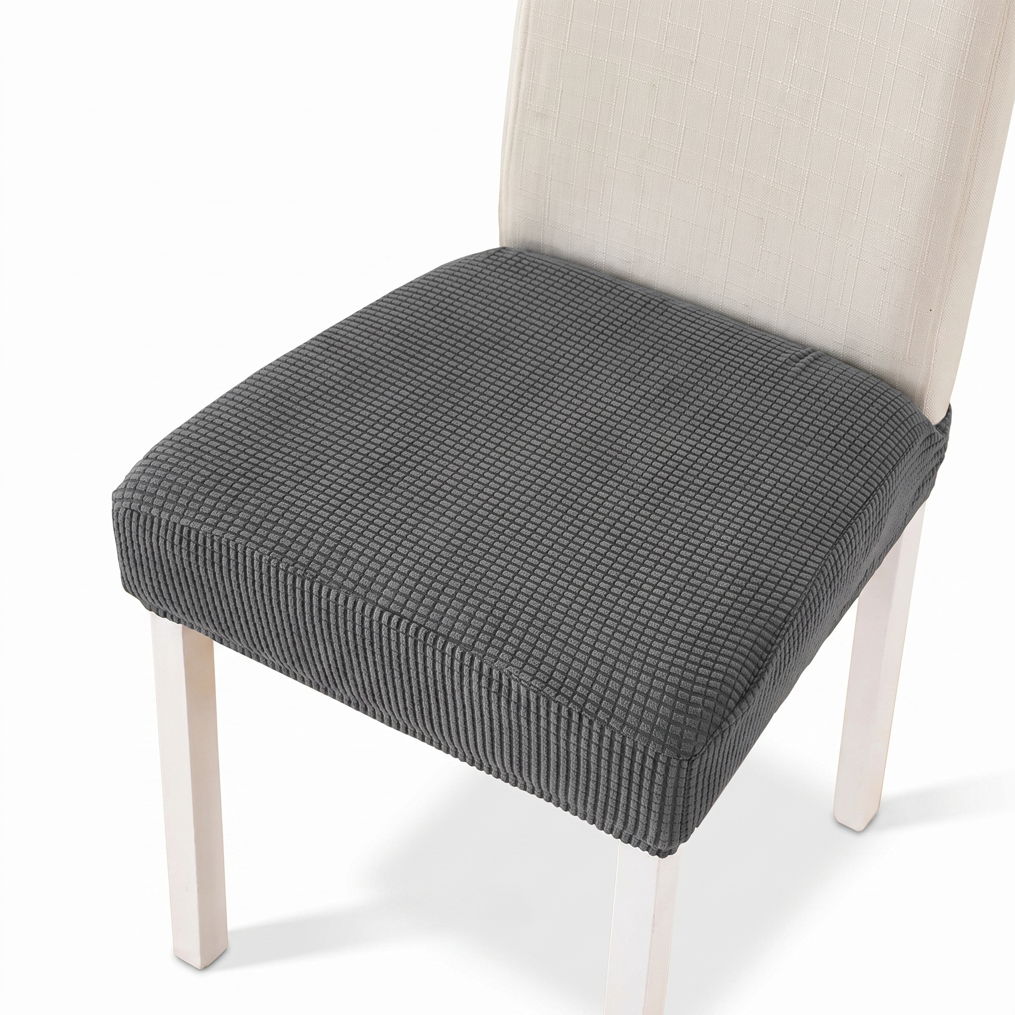 Dark Grey Chair Seat Cover - stretch fit on dining chair, white studio background