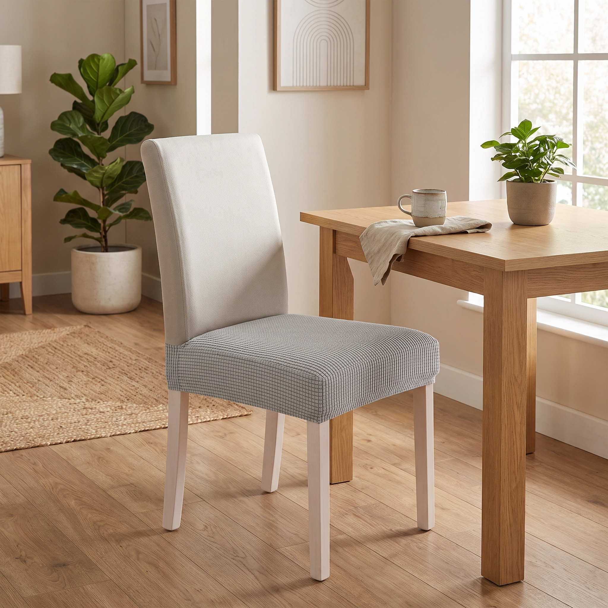 Light Grey Chair Seat Cover on dining chair in bright modern dining room