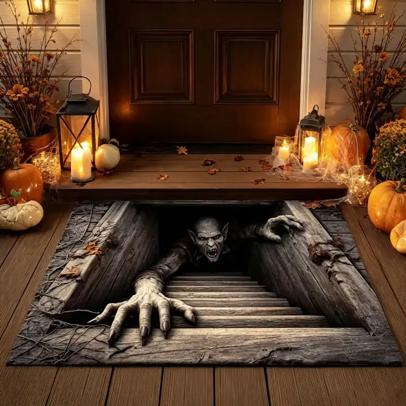 Halloween door mat with 3D optical illusion of a skull pit at a front door
