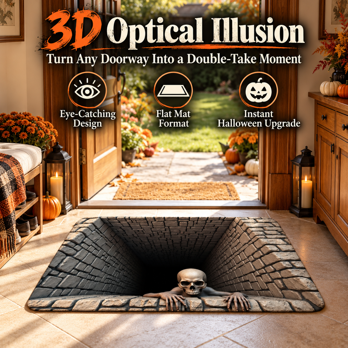 Optical illusion Halloween floor mat with reaching hands design in a hallway
