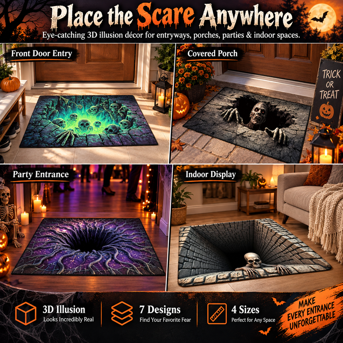 Halloween Door Mat with 3D Optical Illusion Print and Non-Slip Backing, view 7
