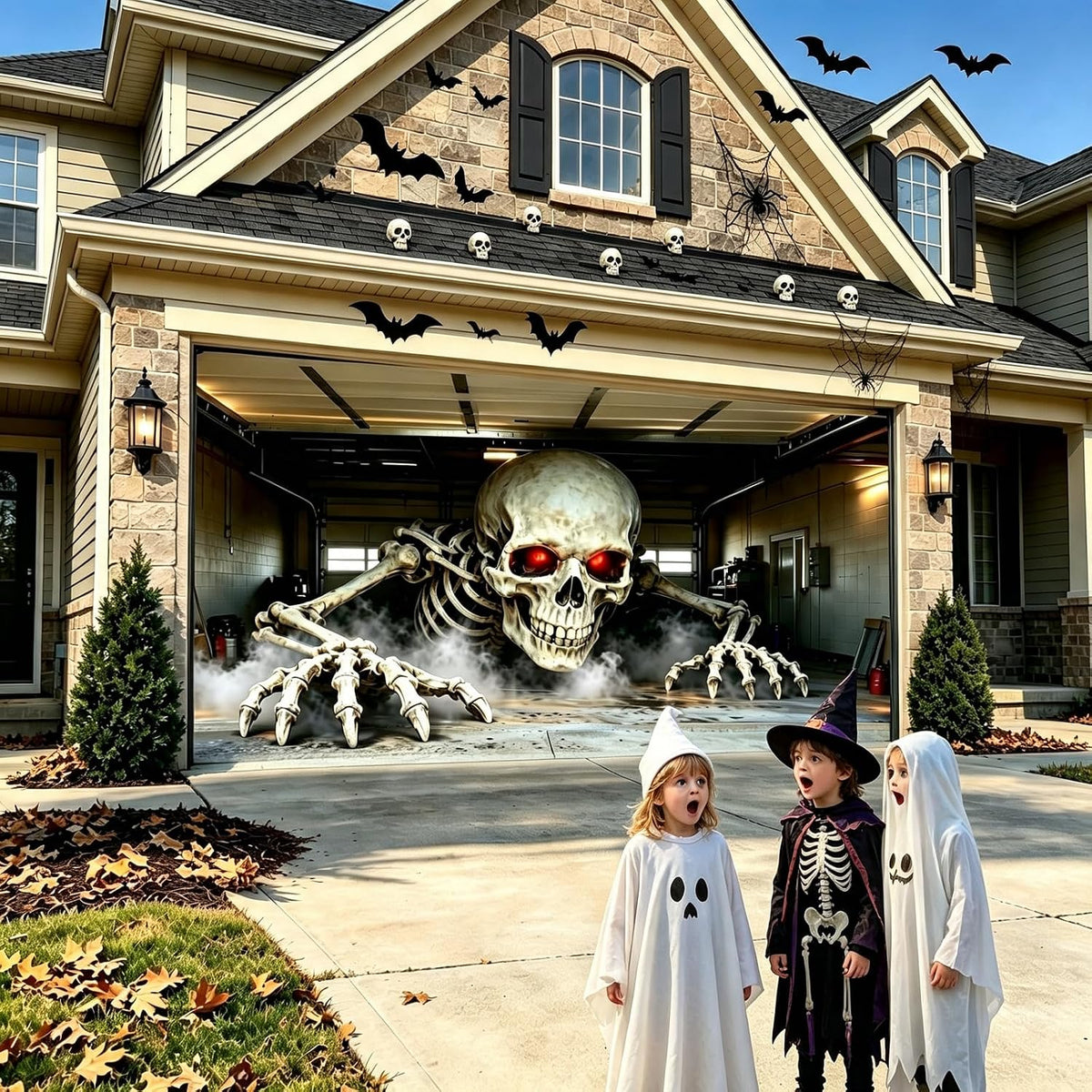 Halloween Garage Door Banner for Double Doors with Skeleton Crawling Out Scene 16 x 7 ft, view 1
