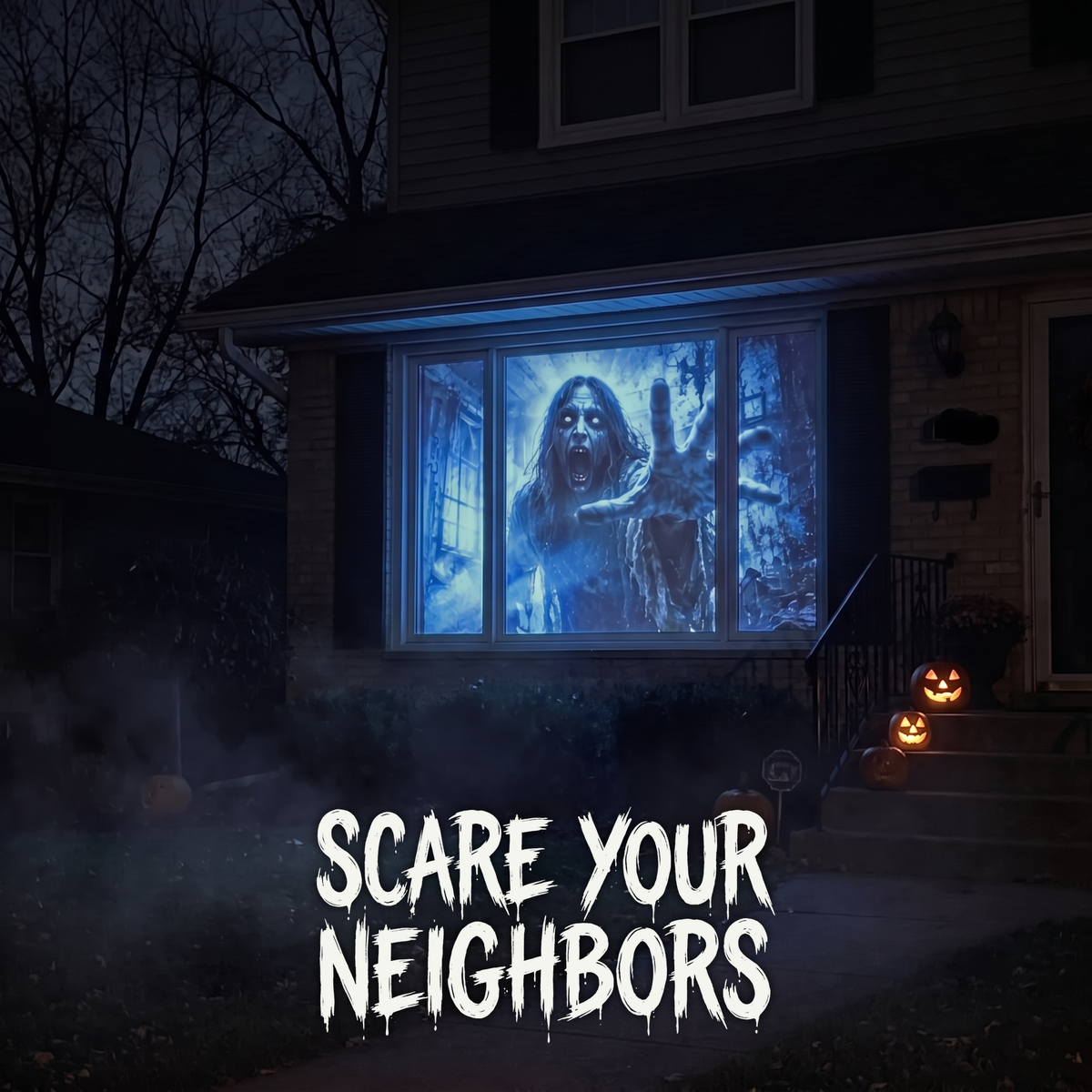 Halloween projector on a rotating base casting a haunted scene onto a front window