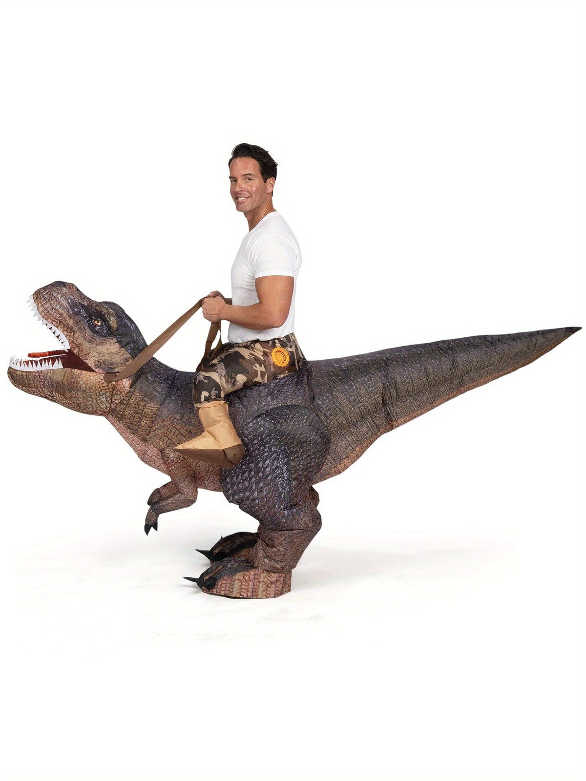 Inflatable T Rex Dinosaur Costume for Adults with Ride On Look in Coffee Brown, view 1