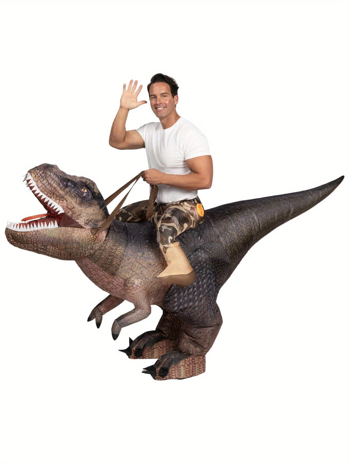 Adult wearing an inflatable ride on T Rex dinosaur costume