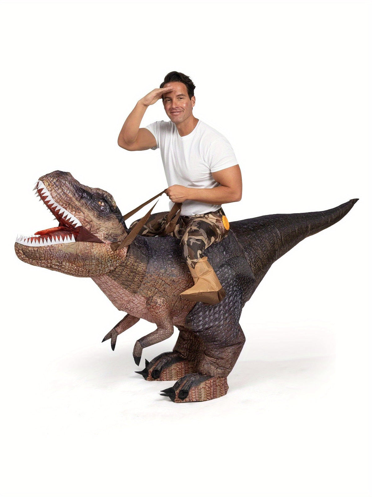 Ride on T Rex costume in coffee brown with dummy legs at the sides