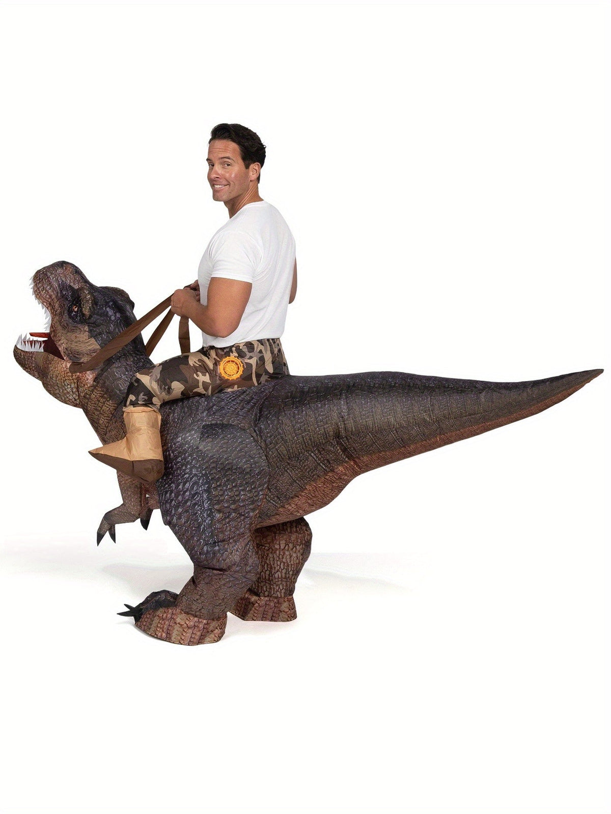 Inflatable T Rex Dinosaur Costume for Adults with Ride On Look in Coffee Brown, view 4