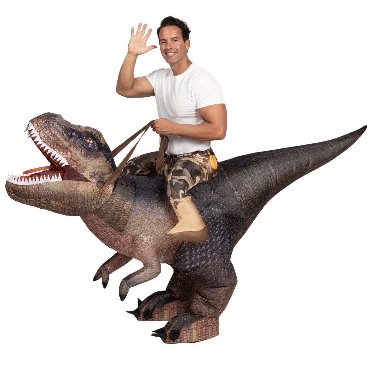 Inflatable T Rex Dinosaur Costume for Adults with Ride On Look in Coffee Brown, view 6