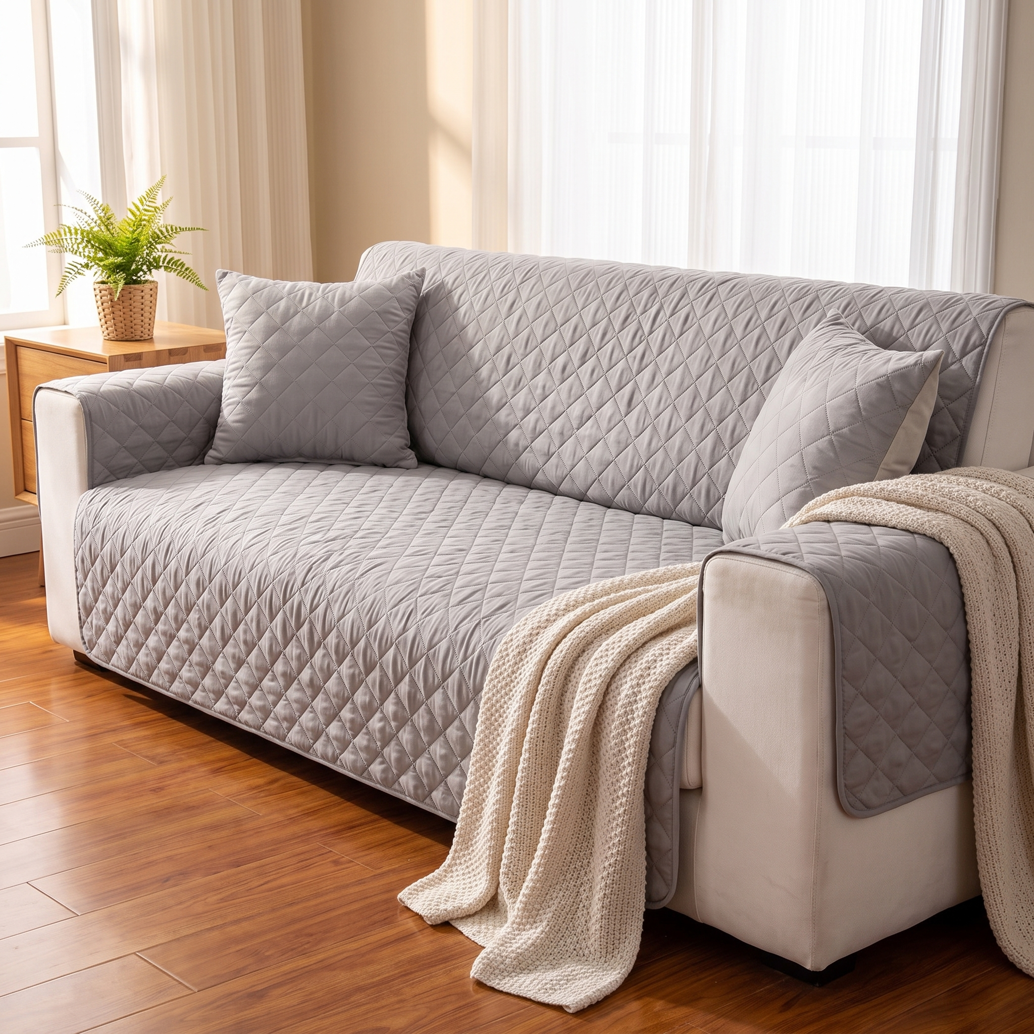Light grey waterproof quilted sofa cover in a warm living room setting