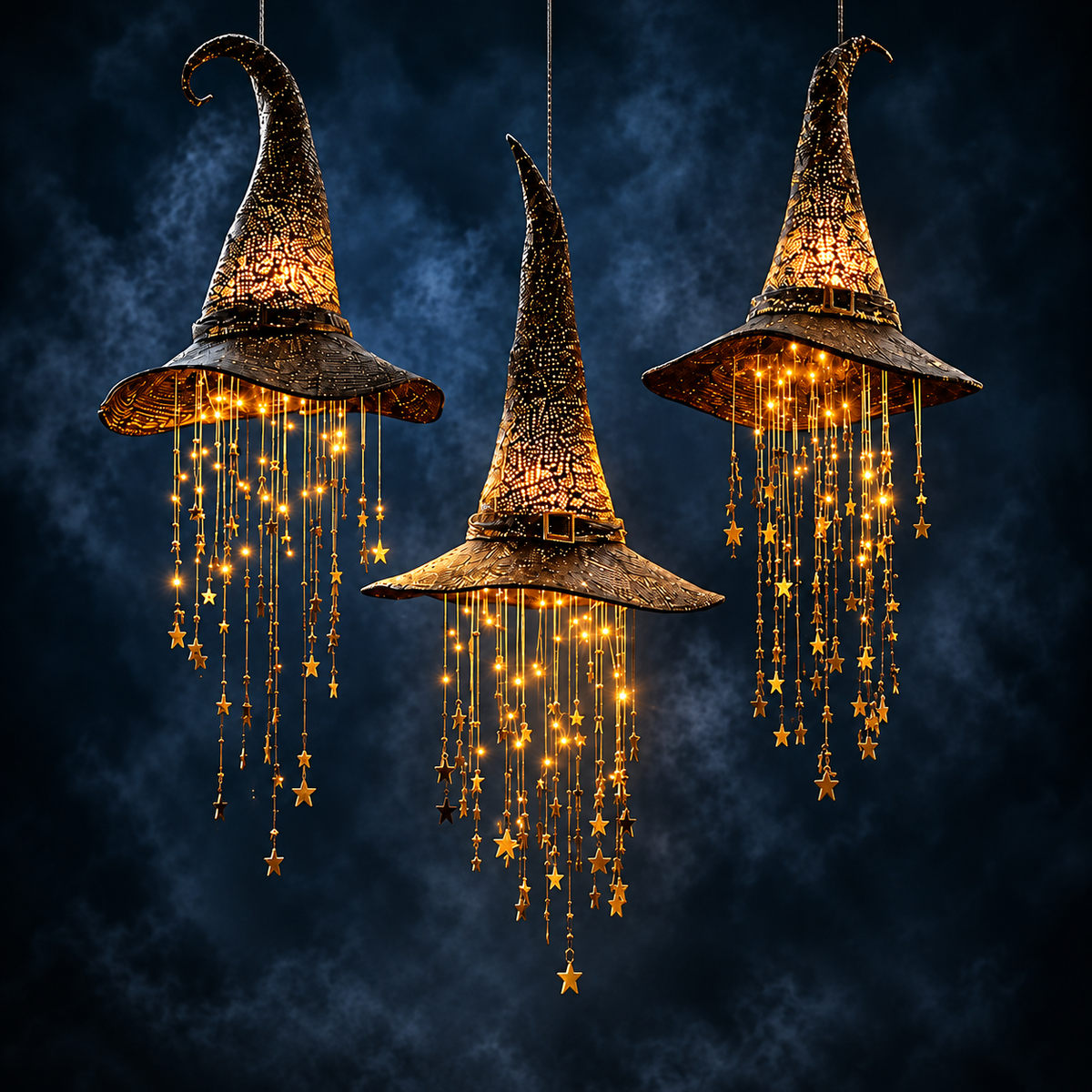Glowing pointed witch hat decoration set on a garden table for a Halloween party