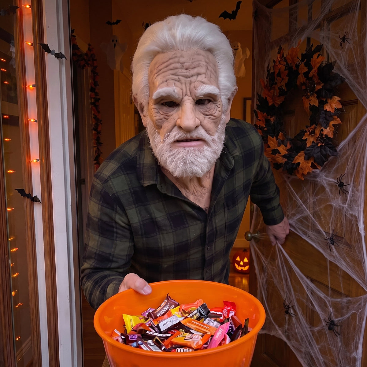 Realistic latex Halloween mask of a white-bearded elder with lifelike wrinkles