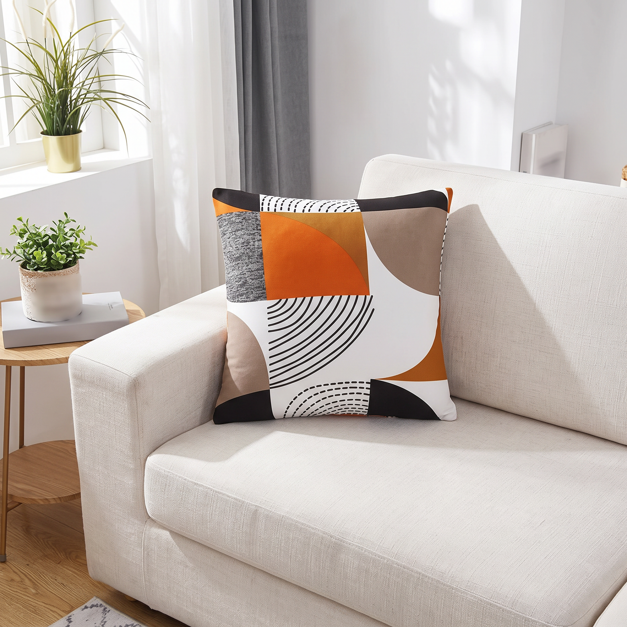 Seat & Backrest Cushion Cover – Orange & Grey Geometric Print shown in a styled home interior | Brivenzo