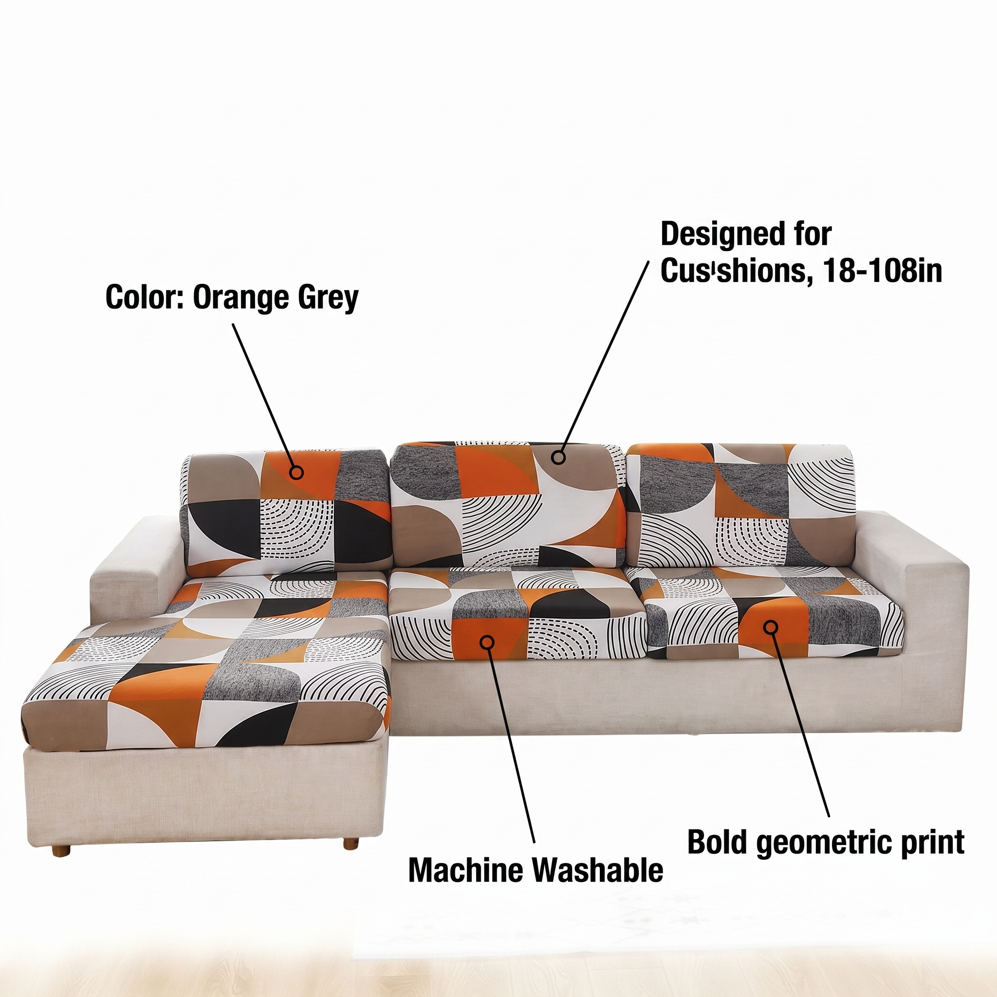 Seat & Backrest Cushion Cover – Orange & Grey Geometric Print – features and specifications overview | Brivenzo
