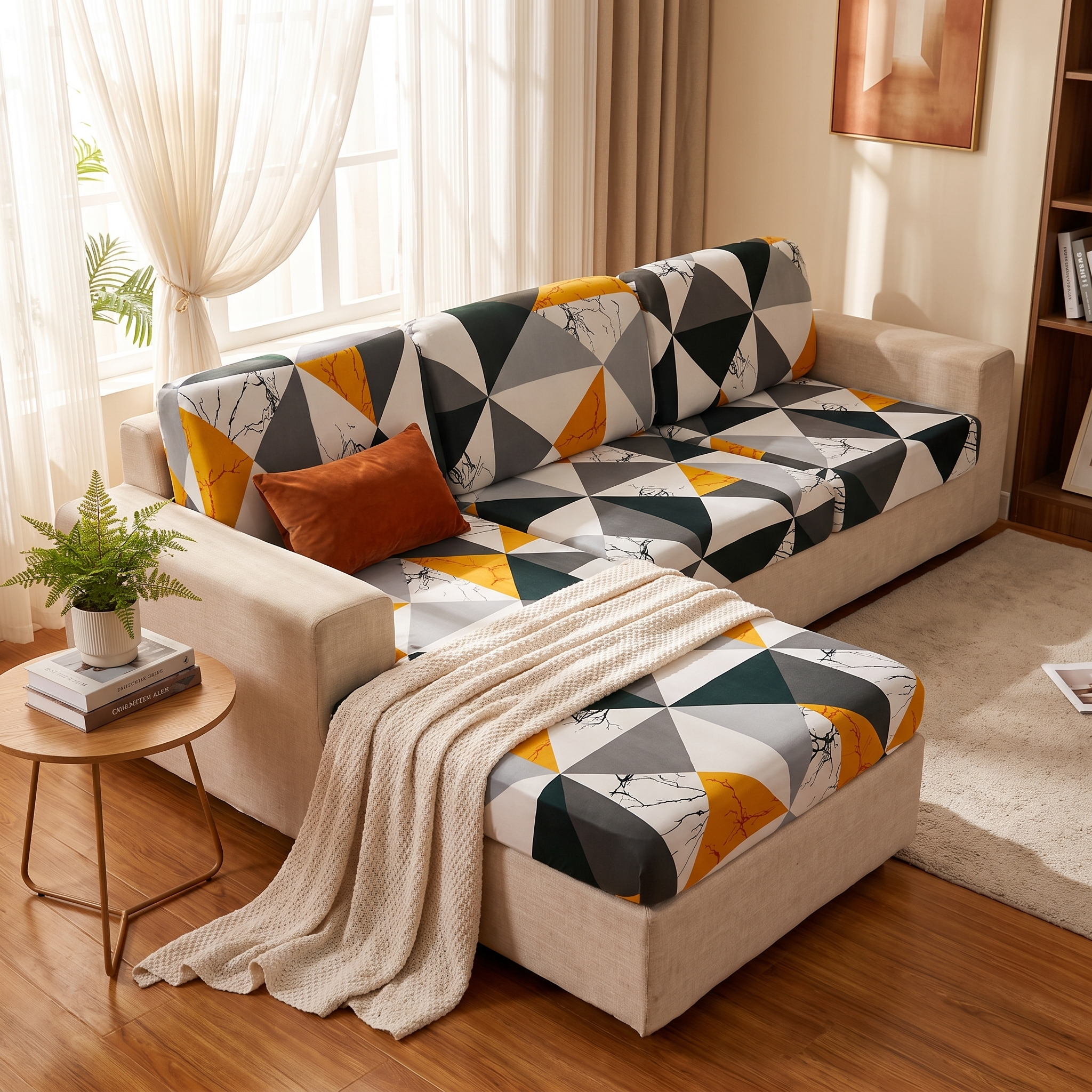 Seat & Backrest Cushion Cover – Orange Black Geometric Marble Print shown in a styled home interior | Brivenzo