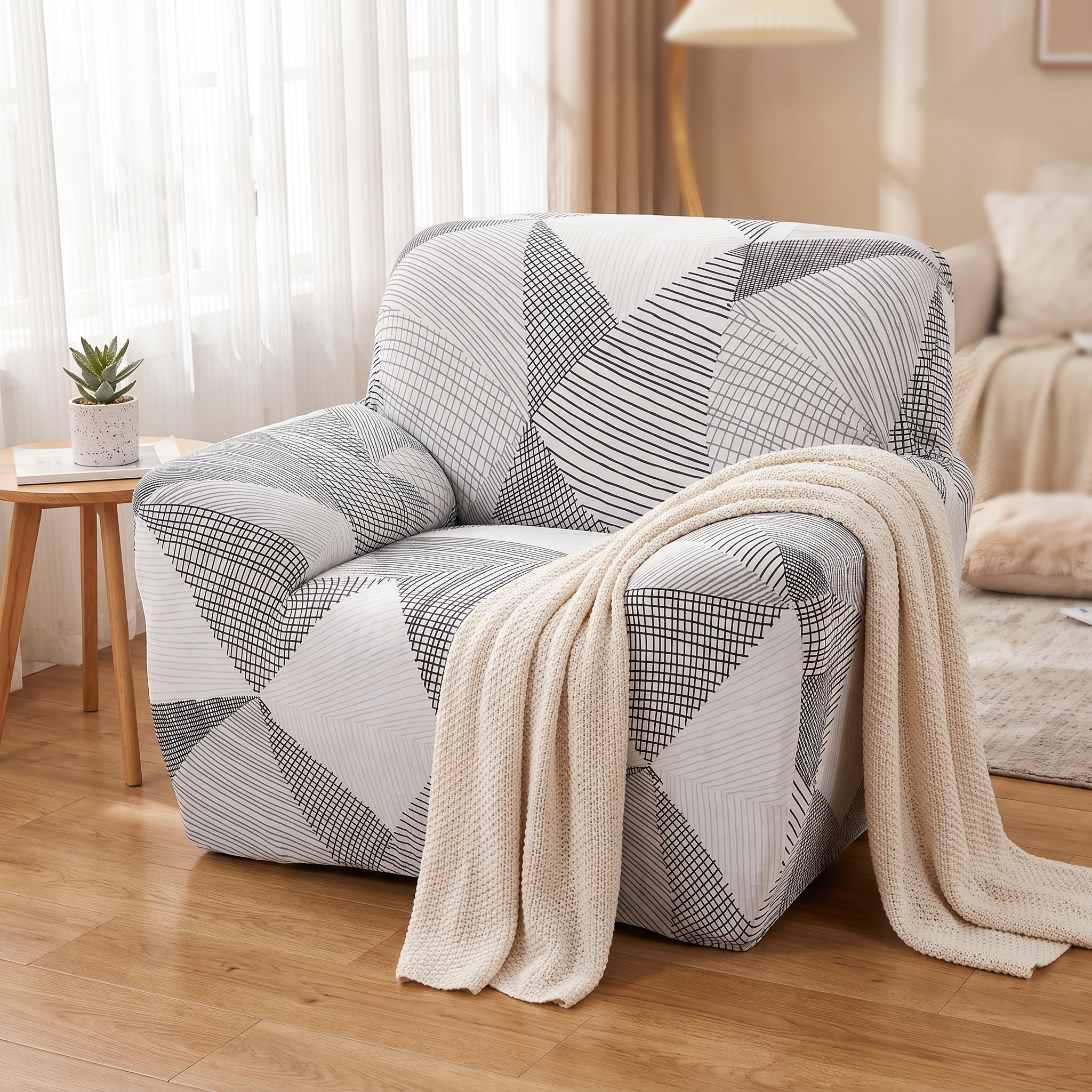 Stretch Club Armchair Cover – Black White Geometric Crosshatch Print shown in a styled home interior | Brivenzo