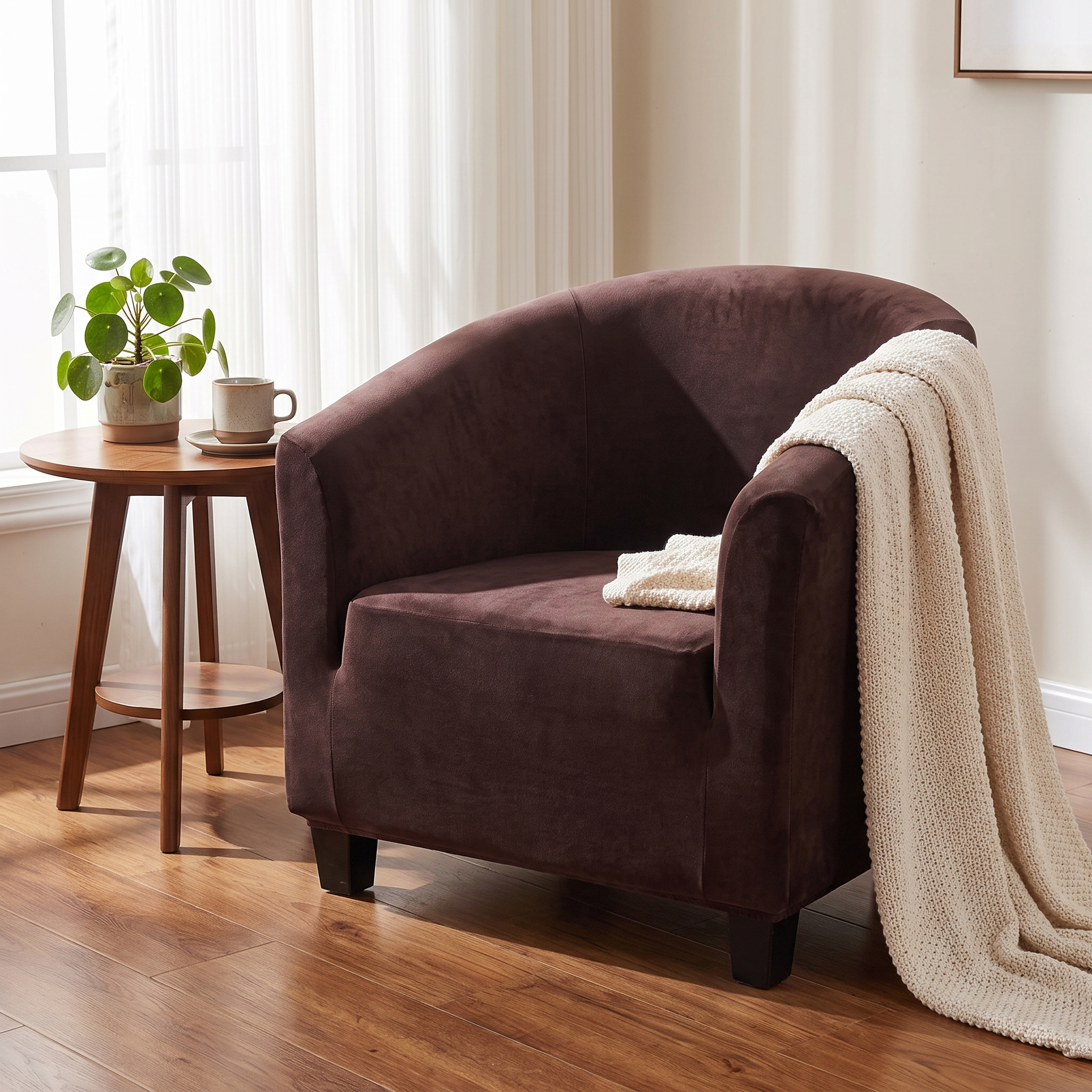 Stretch Club Armchair Cover – Brown Velvet shown in a styled home interior | Brivenzo
