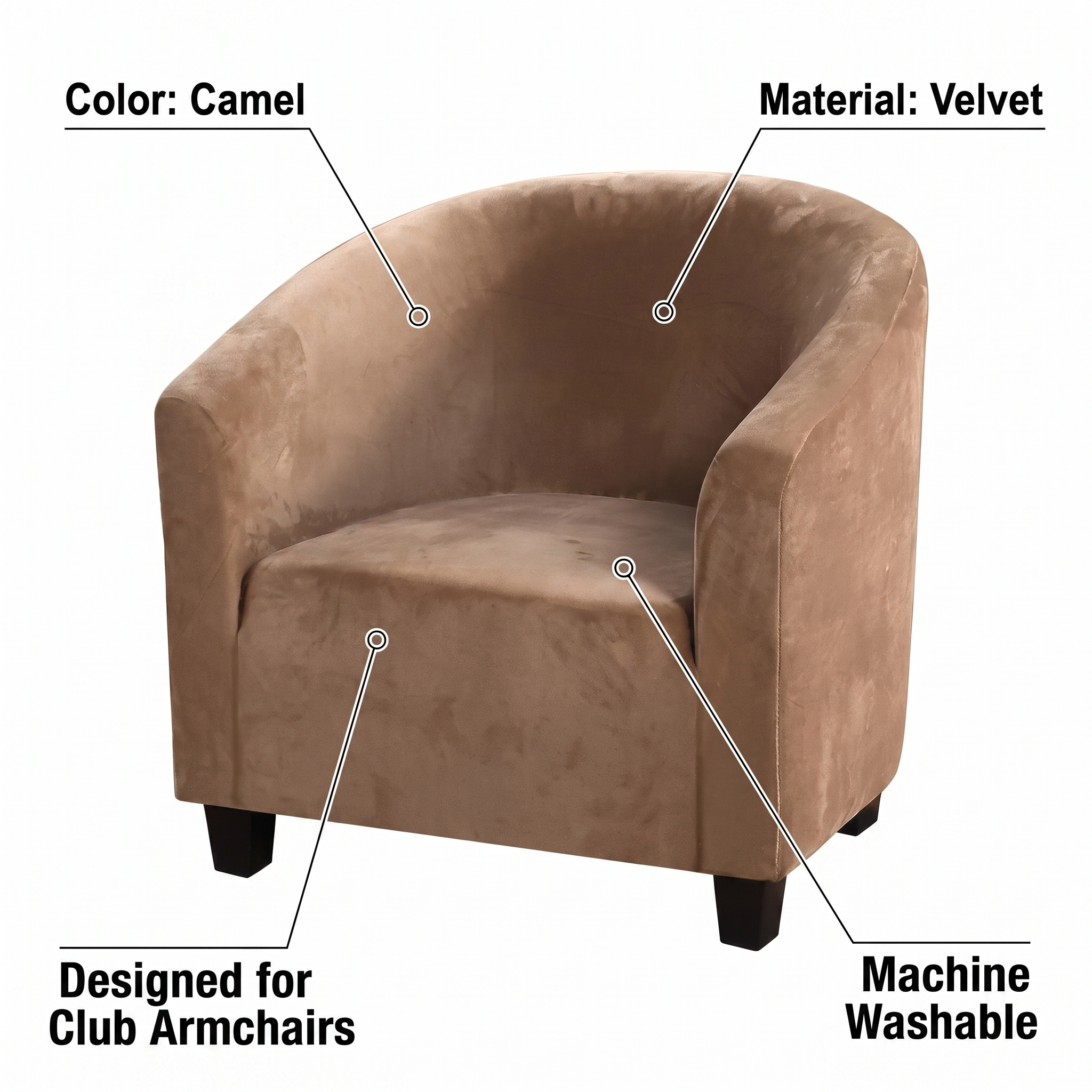 Stretch Club Armchair Cover – Camel Velvet – features and specifications overview | Brivenzo