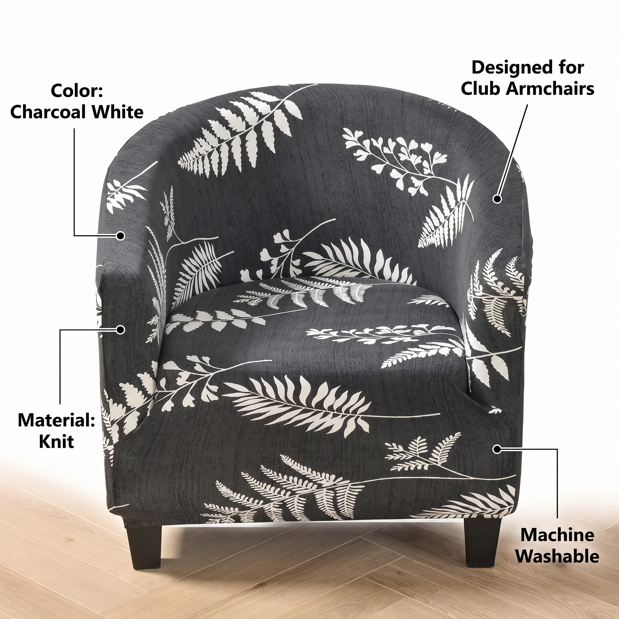 Stretch Club Armchair Cover – Charcoal White Fern Leaf Print – features and specifications overview | Brivenzo
