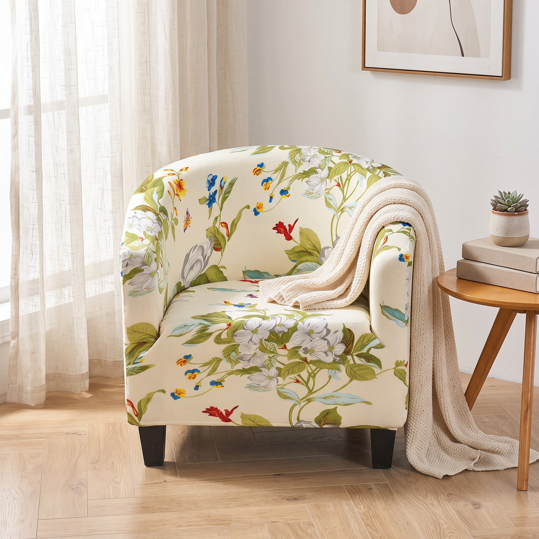 Stretch Club Armchair Cover – Cream White Lily Floral Print shown in a styled home interior | Brivenzo