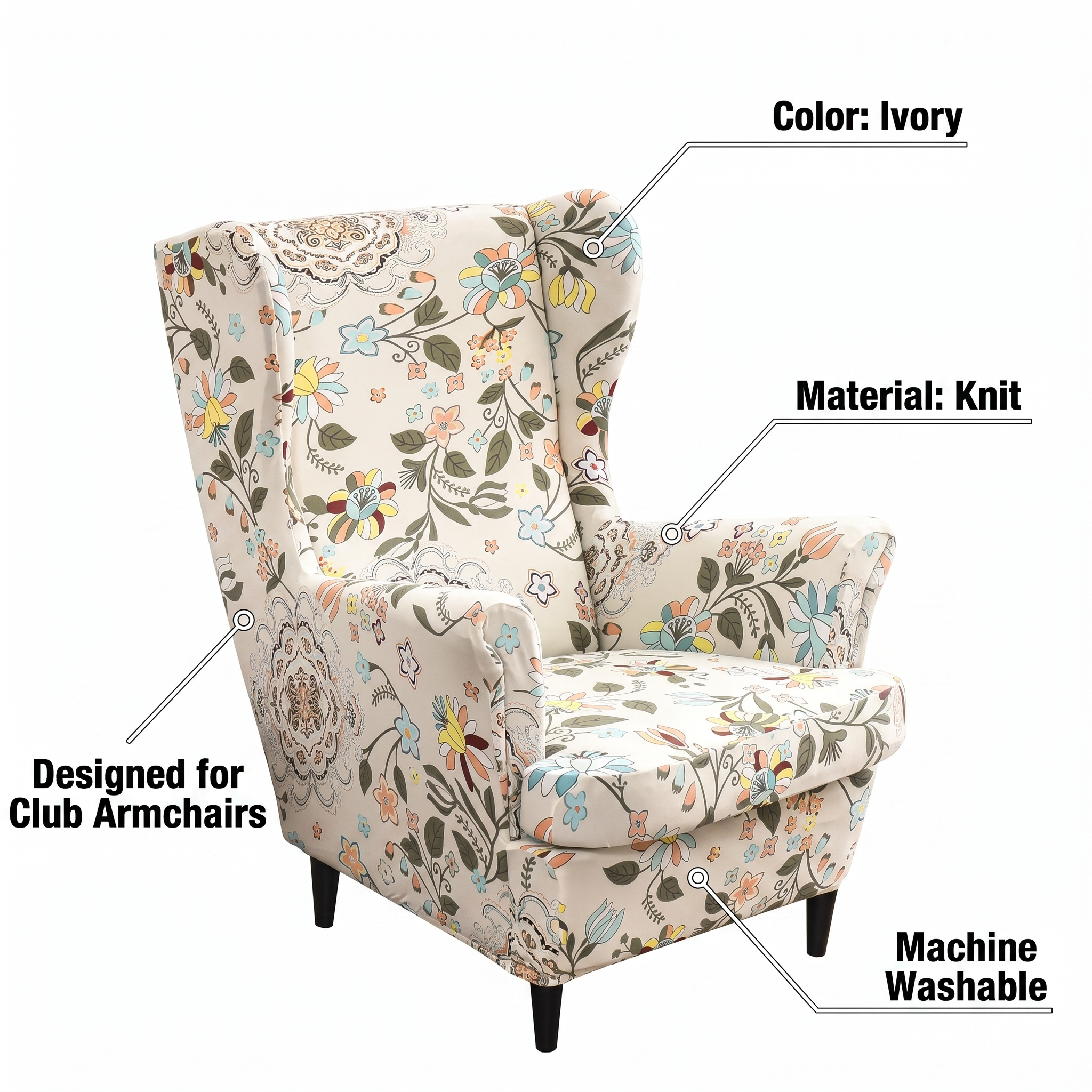 Stretch Club Armchair Cover – Ivory Multicolor Floral Print – features and specifications overview | Brivenzo