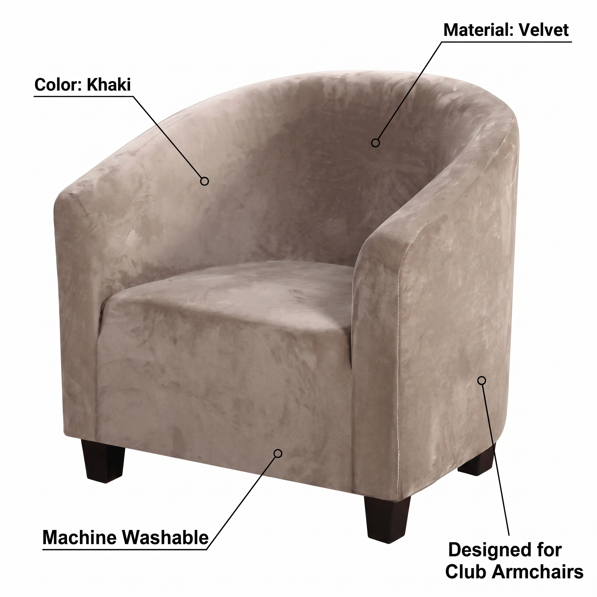 Stretch Club Armchair Cover – Khaki Velvet – features and specifications overview | Brivenzo