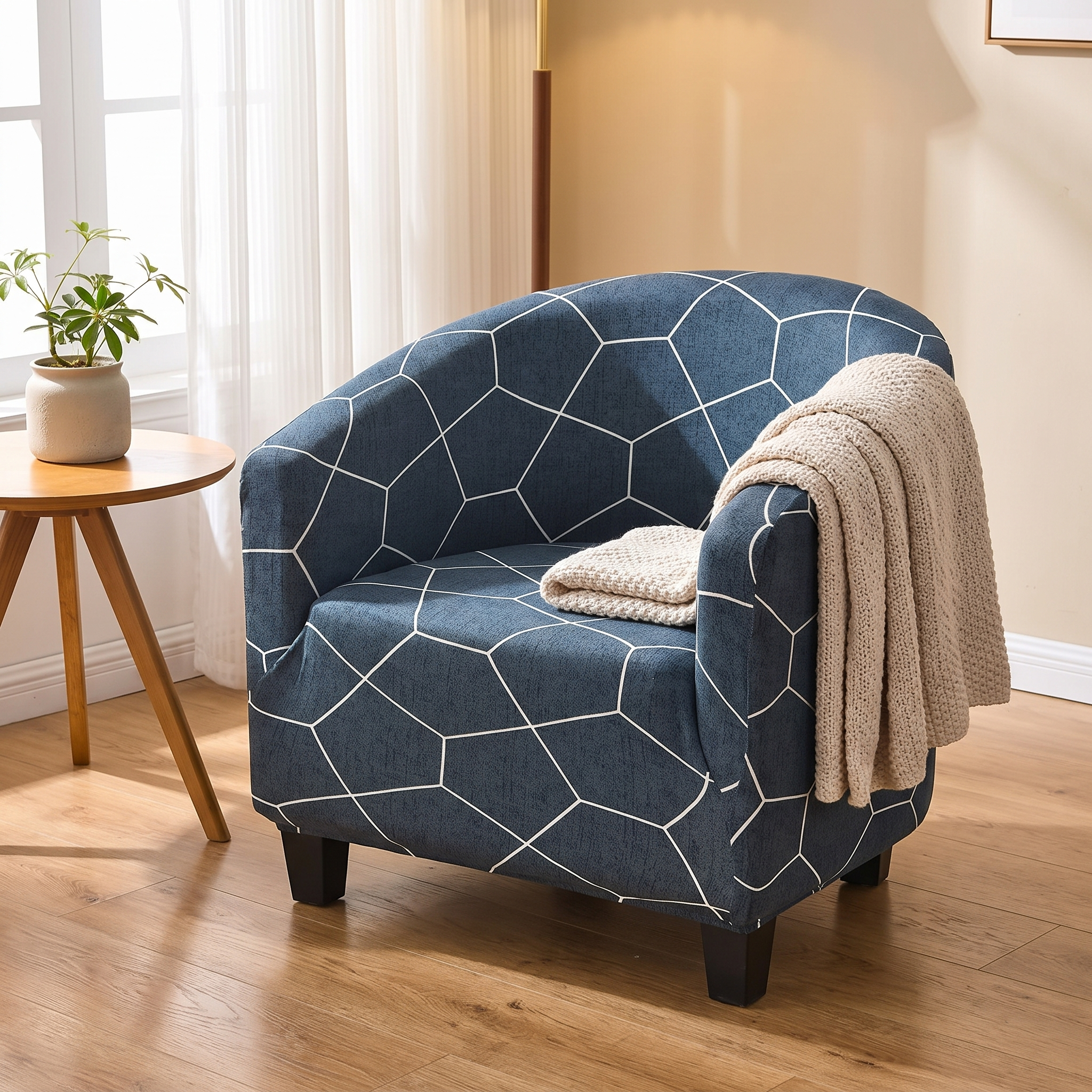 Stretch Club Armchair Cover – Navy Blue Geometric Crystal Print shown in a styled home interior | Brivenzo