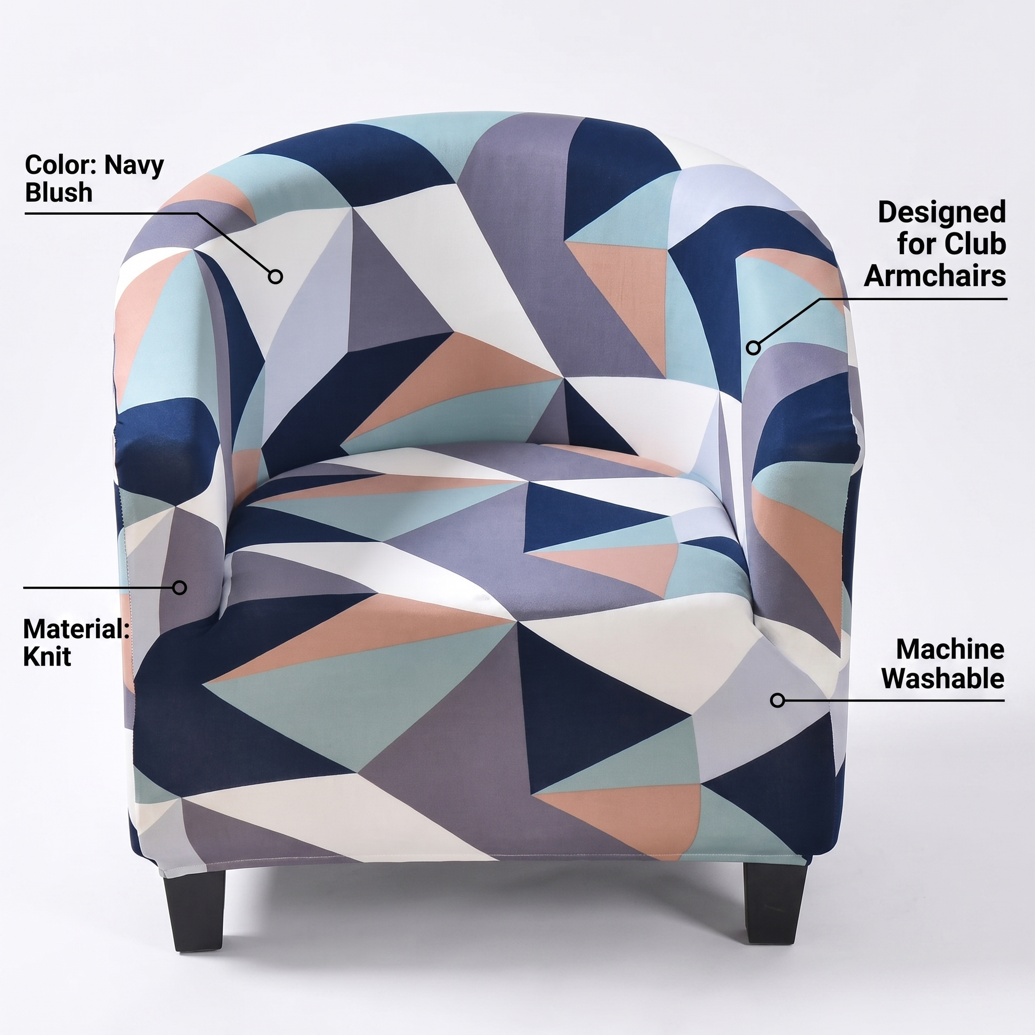 Stretch Club Armchair Cover – Navy Blush Geometric Triangle Print – features and specifications overview | Brivenzo