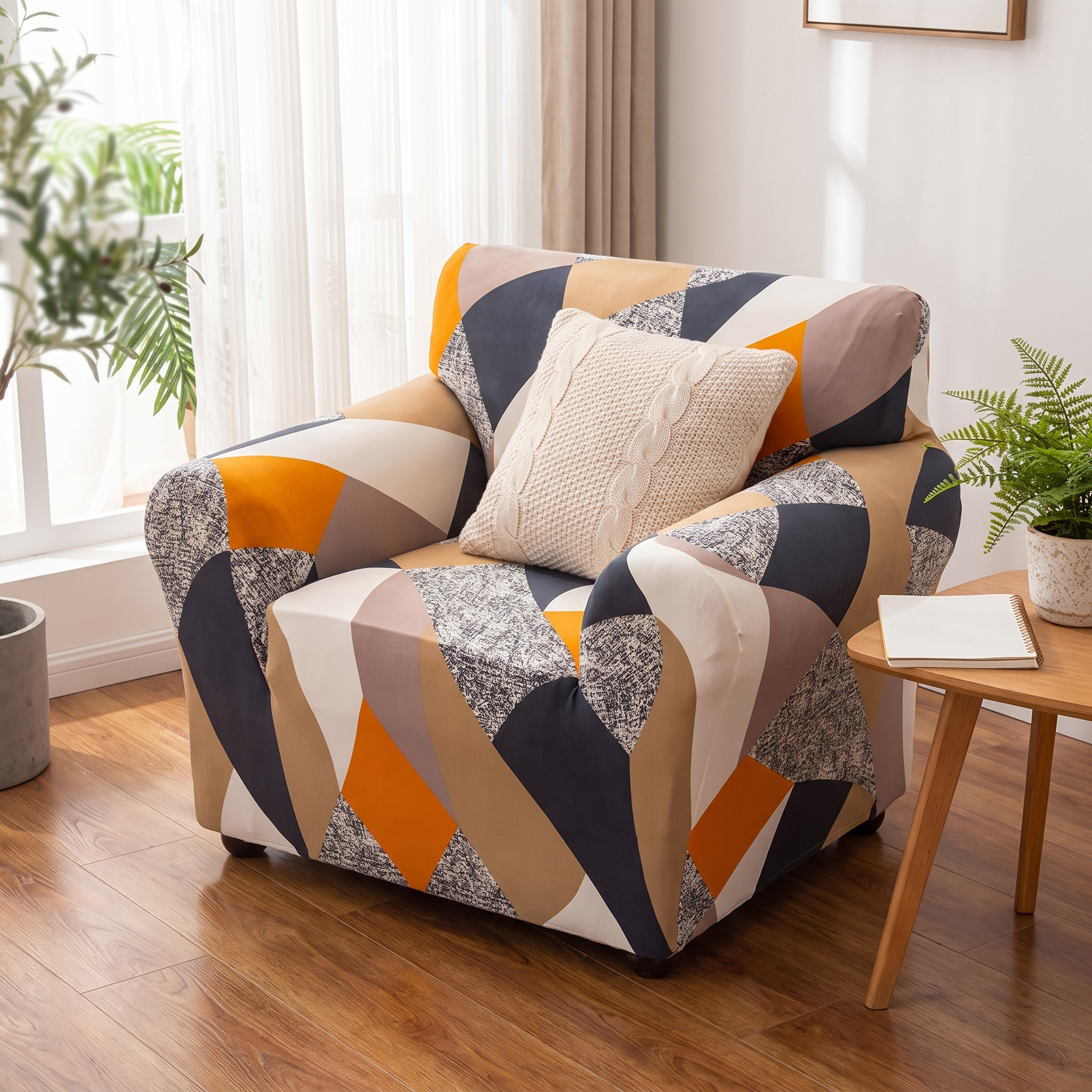Stretch Club Armchair Cover – Orange Black Grey Geometric Print shown in a styled home interior | Brivenzo