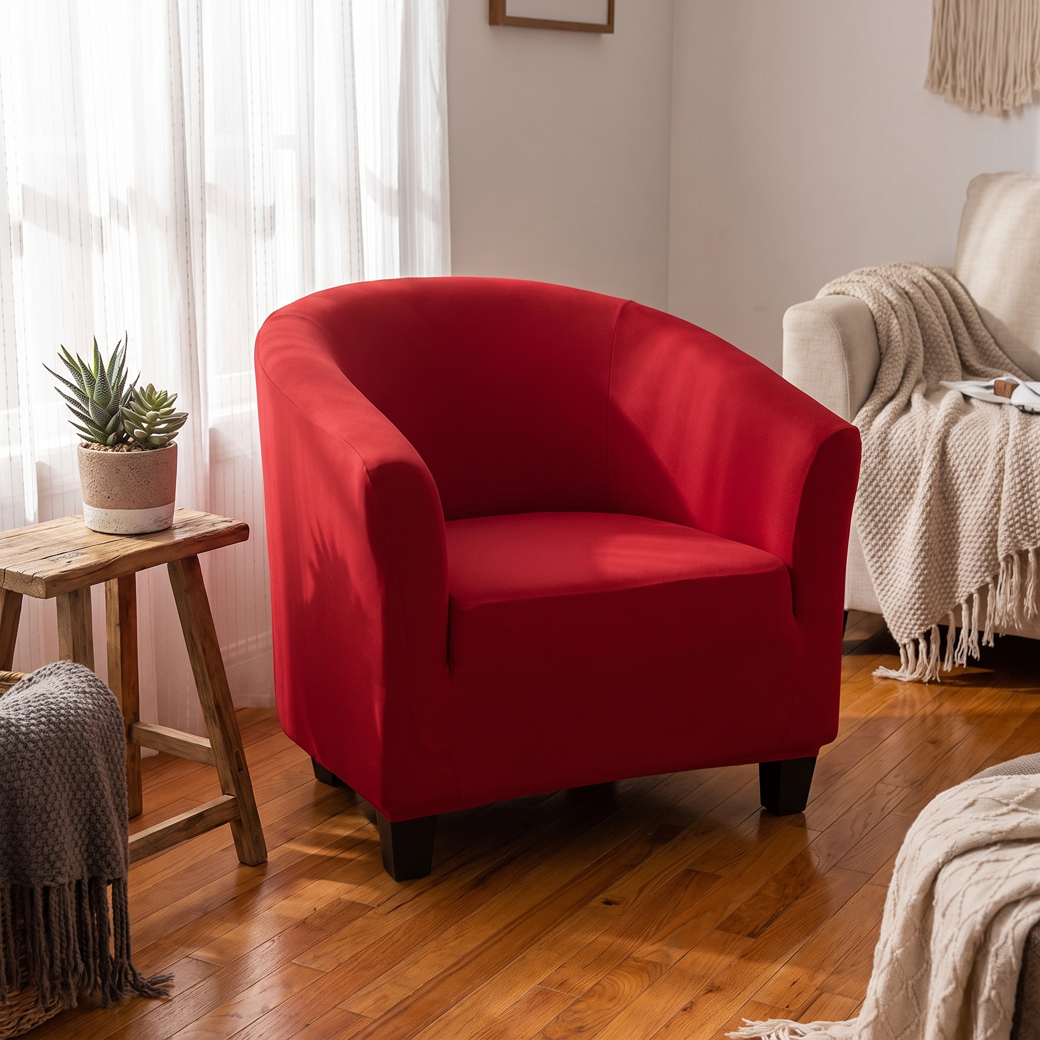 Stretch Club Armchair Cover – Red shown in a styled home interior | Brivenzo