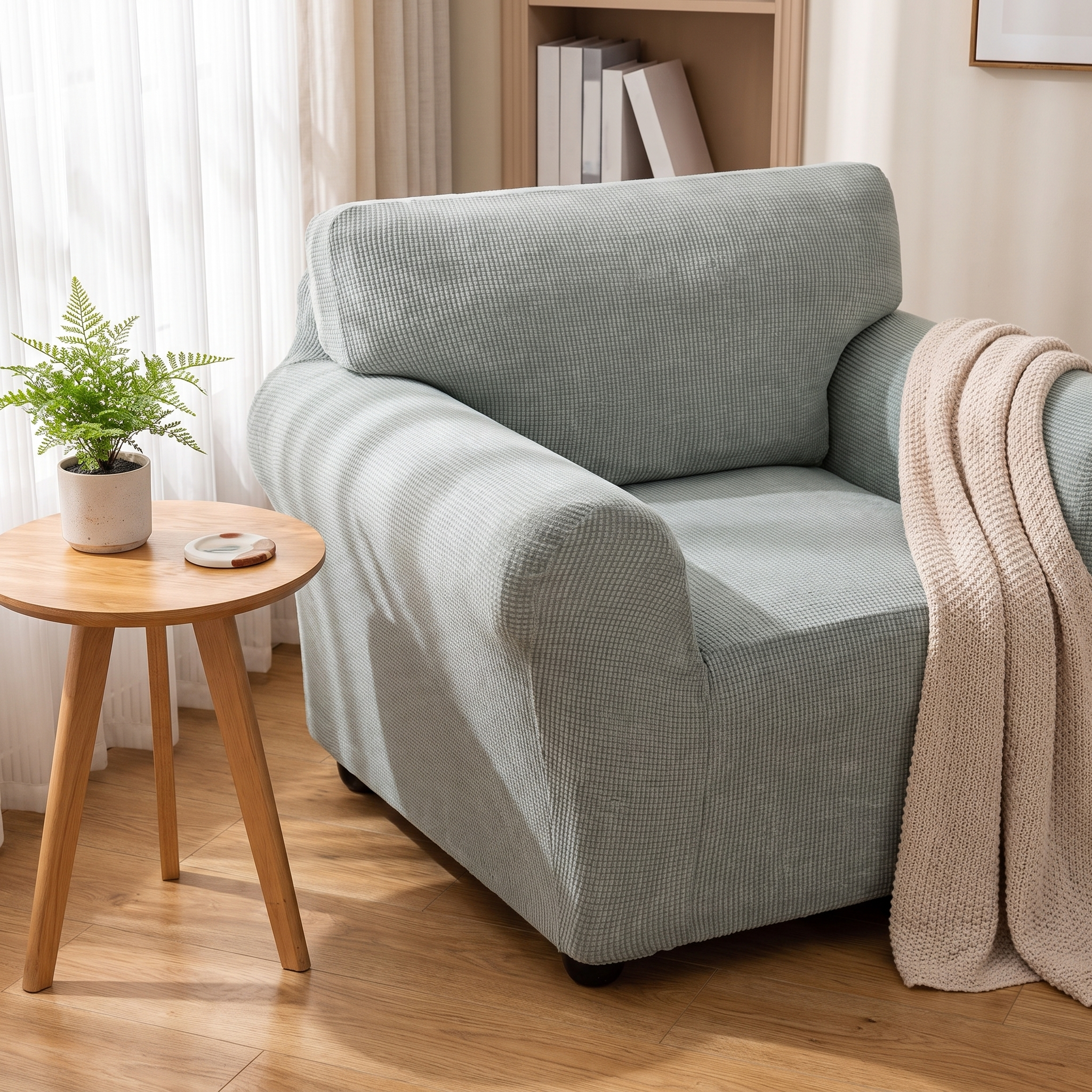 Stretch Club Armchair Cover – Sage Grey shown in a styled home interior | Brivenzo