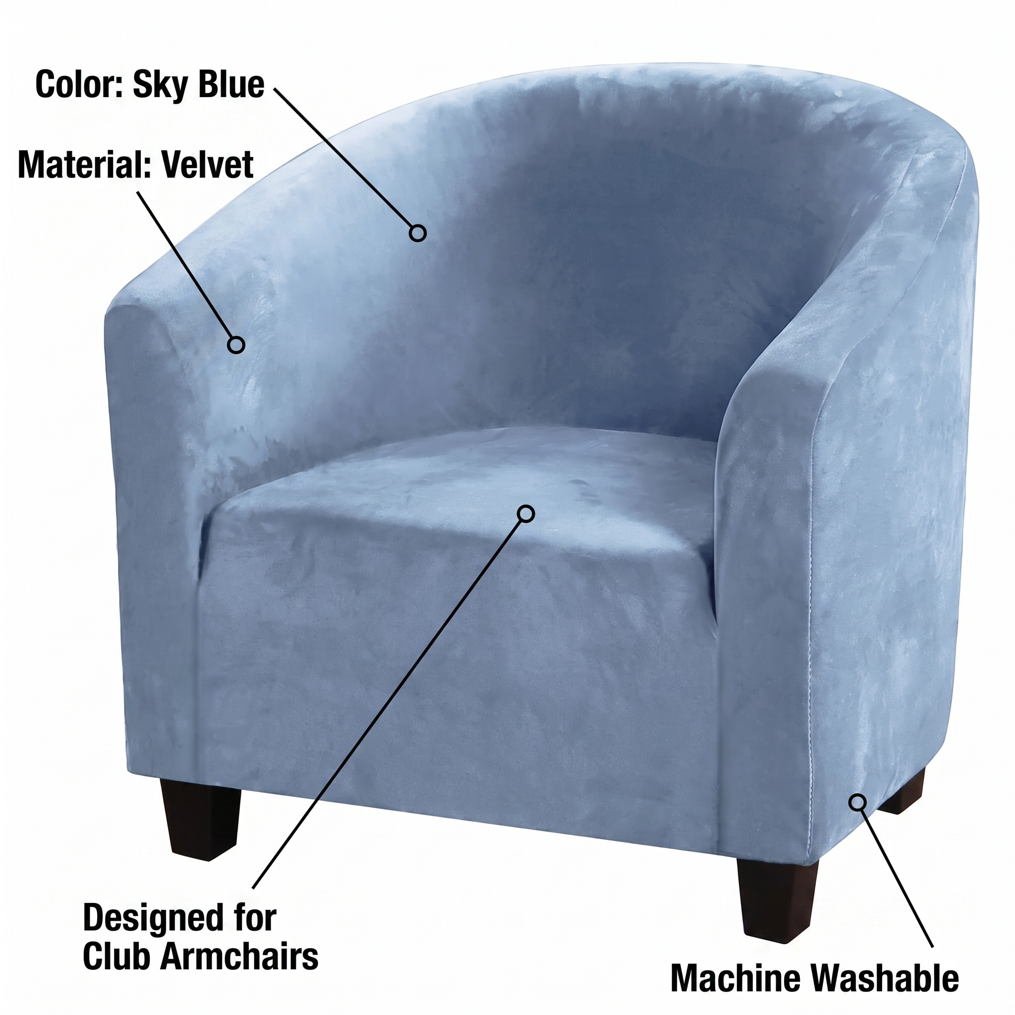 Stretch Club Armchair Cover – Sky Blue Velvet – features and specifications overview | Brivenzo