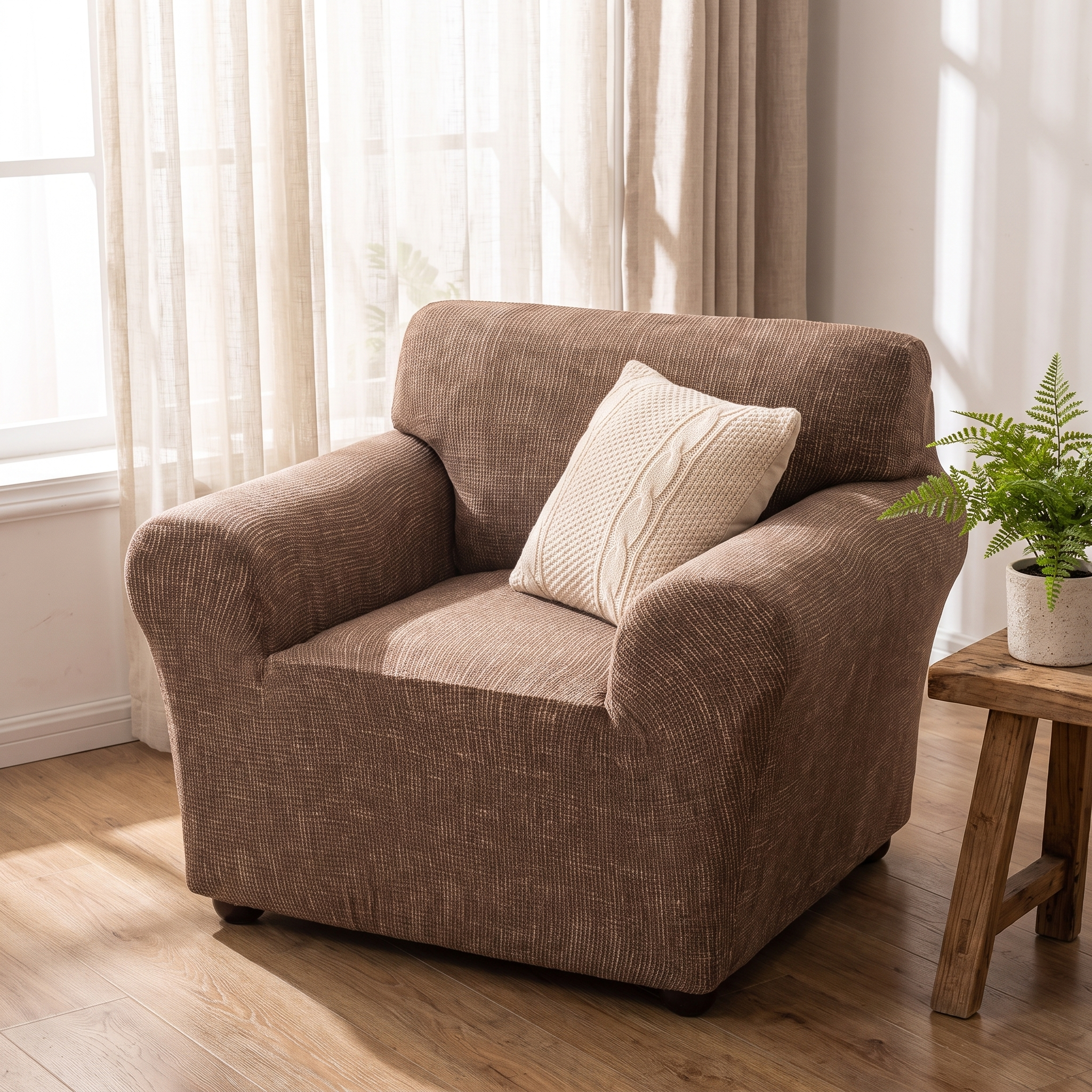 Stretch Club Armchair Cover – Taupe Brown Crosshatch Scratch Print shown in a styled home interior | Brivenzo