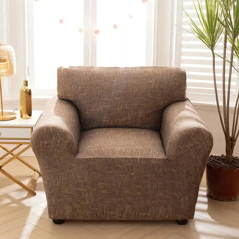 Stretch Club Armchair Cover – Taupe Brown Crosshatch Scratch Print – product view 4 | Brivenzo