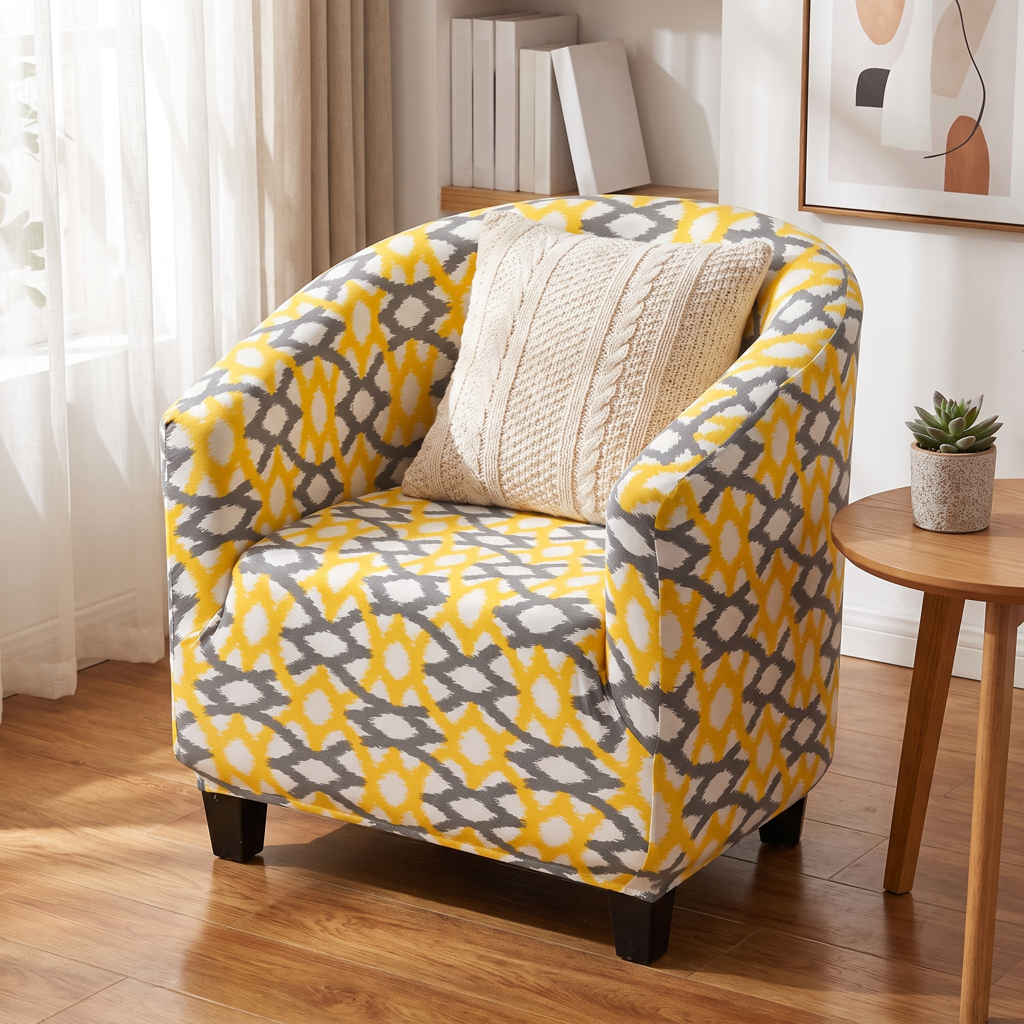Stretch Club Armchair Cover – Yellow Grey Diamond Print shown in a styled home interior | Brivenzo