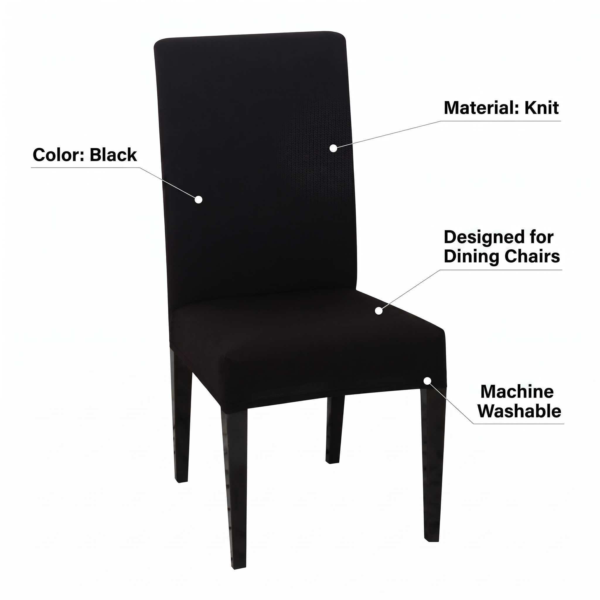 Black stretch dining chair cover - fabric details and sizing