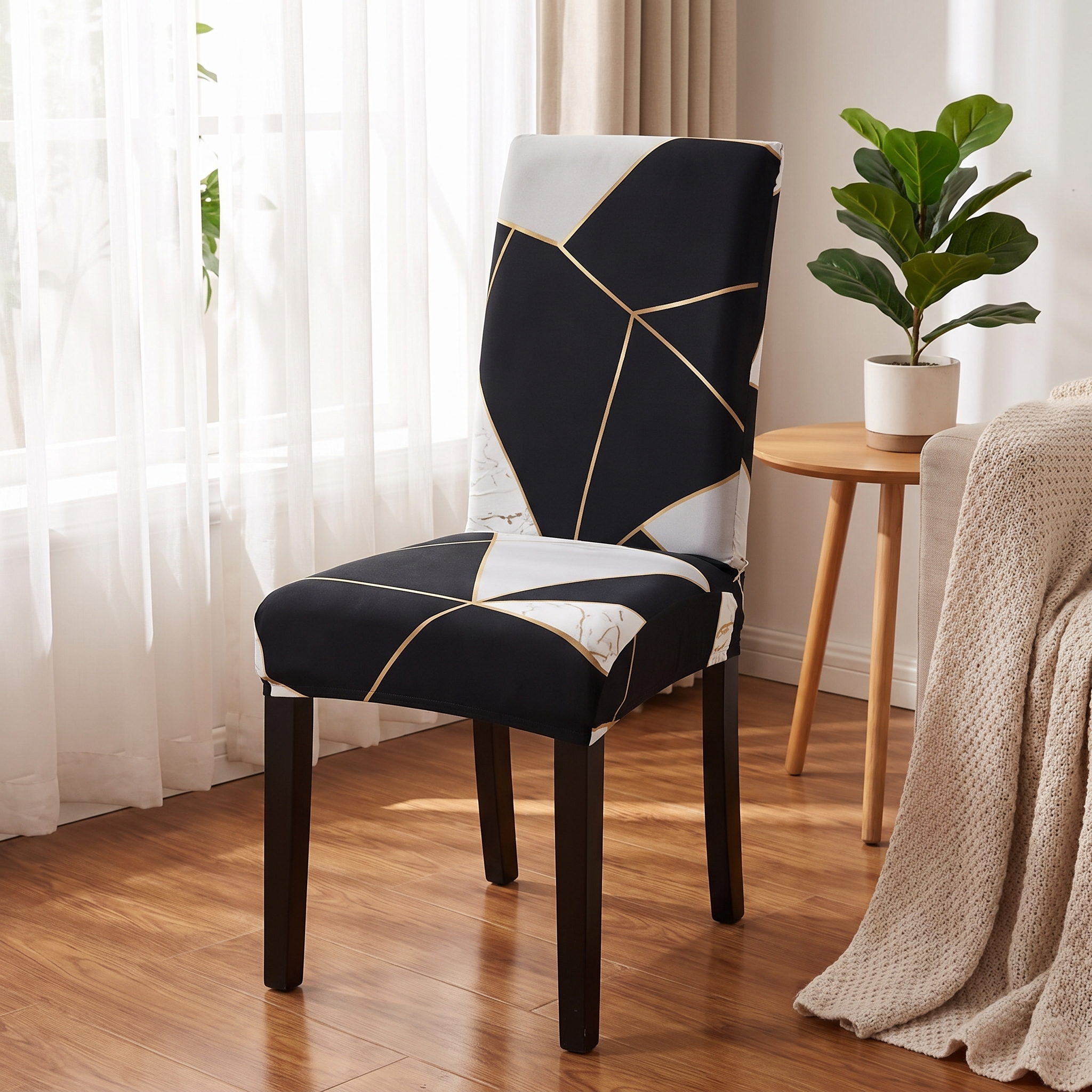 Stretch Dining Chair Cover – Black White Gold Geometric Print – product view 2 | Brivenzo