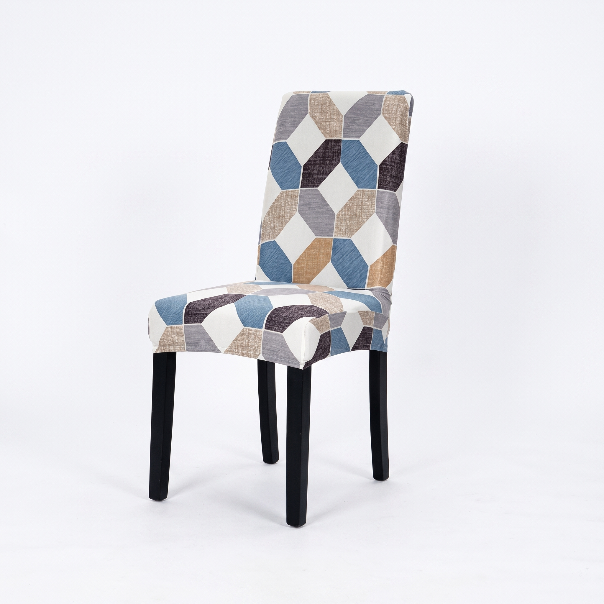 Blue Beige Geometric Hexagon Print dining chair cover