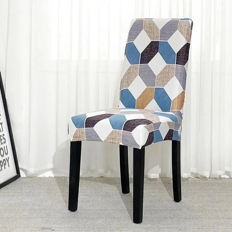 Stretch Dining Chair Cover – Blue Beige Geometric Hexagon Print – product view 4 | Brivenzo