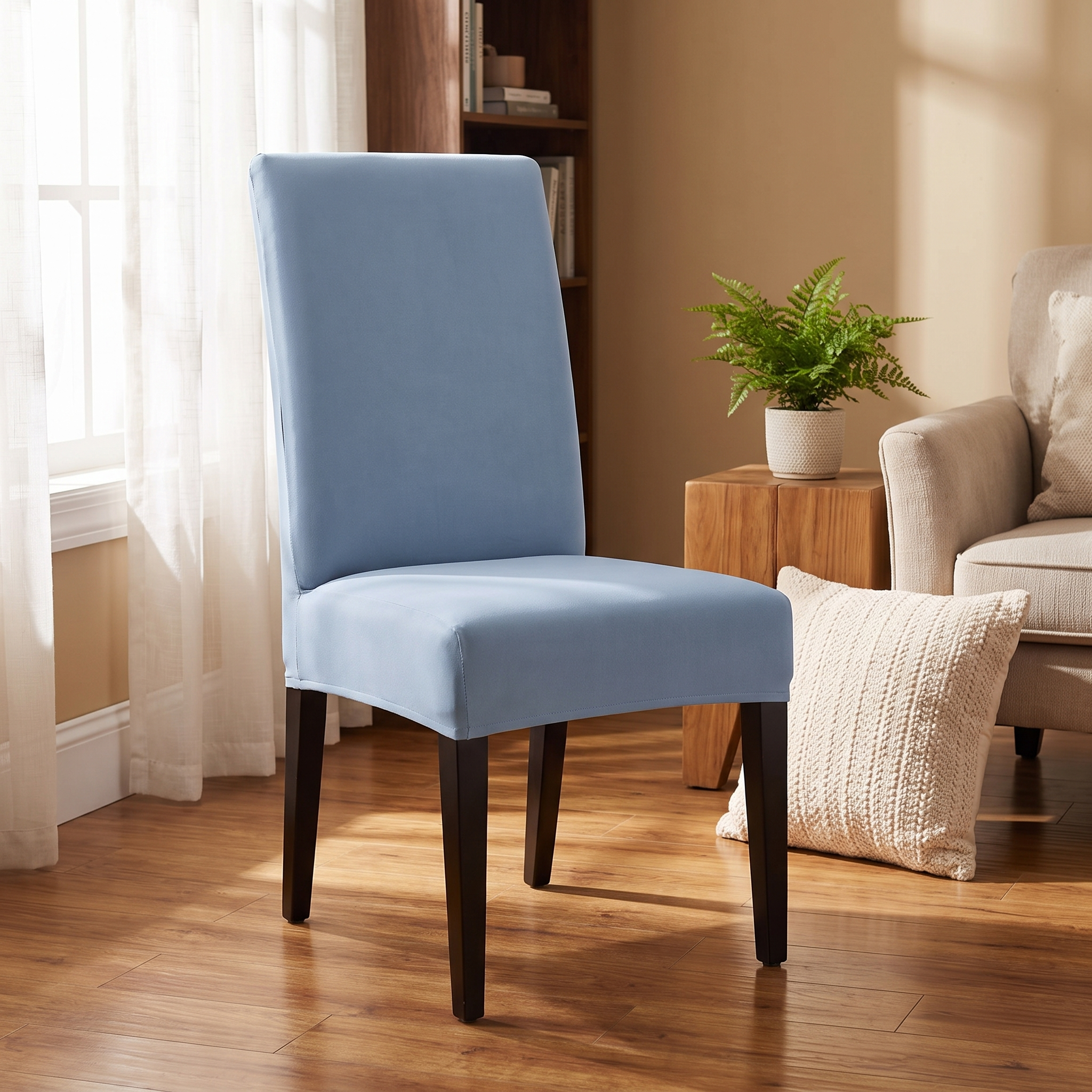 Grey-blue stretch dining chair cover in living room