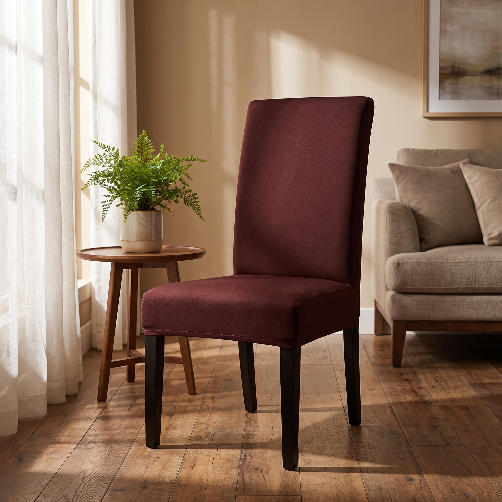 Brown stretch dining chair cover in living room